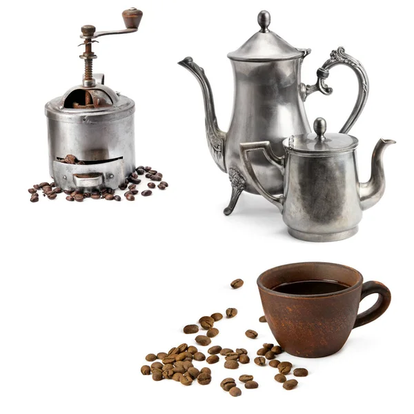 Coffee Grinder Teapot Coffee Pot Clay Cup Isolated White Background — Stock Photo, Image