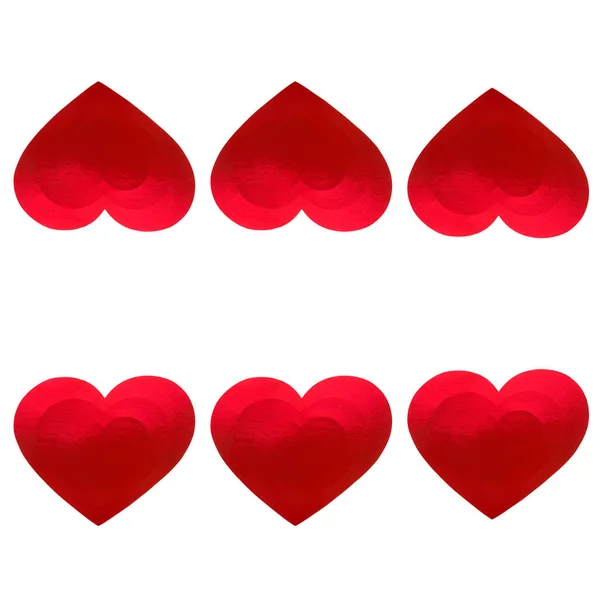 Красные Сердца Блестящей Цветной Бумаги Изолированы Белом Фоне Коллаж Свободное — стоковое фото