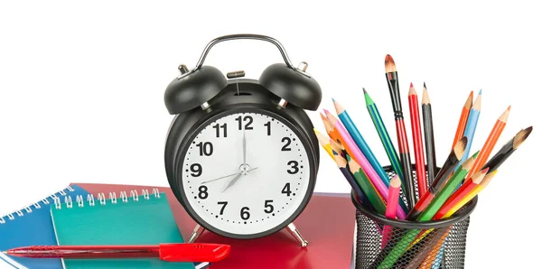 School Supplies Alarm Clock Isolated White Background Concept Back School — Stock Photo, Image