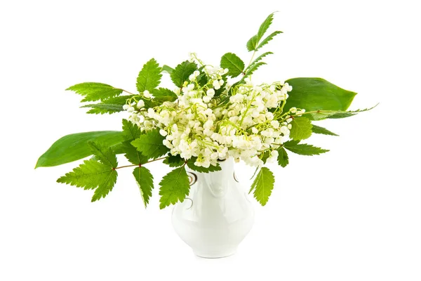 在一个被白色背景隔开的花瓶里 美丽的山谷百合花 — 图库照片