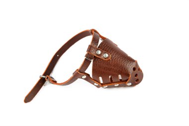 Beyaz arka planda izole edilmiş bir köpek için deri ağızlık..