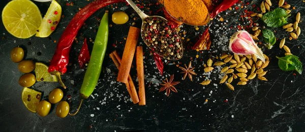 Many Different Spices Aromatic Herbs Dark Table View Wide Photo — 图库照片