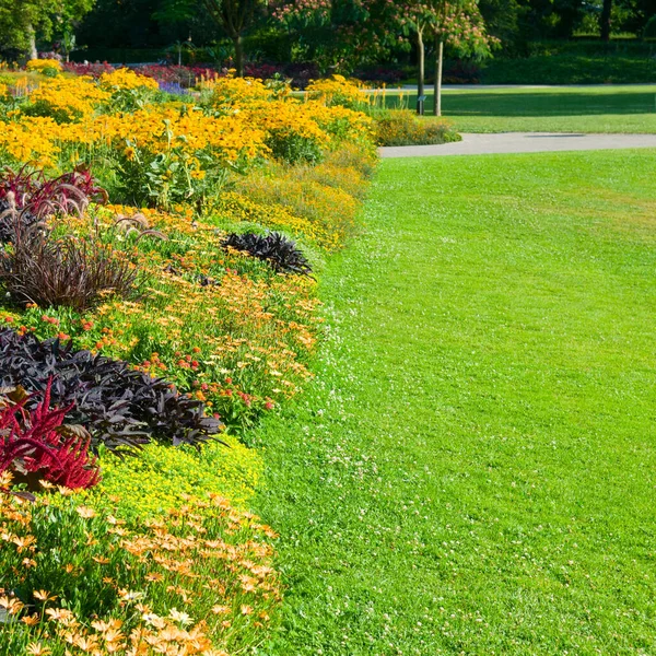 明るい花壇と緑の芝生 — ストック写真