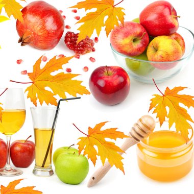 Beyaz arka planda izole edilmiş elma, nar ve bal. Kolaj.