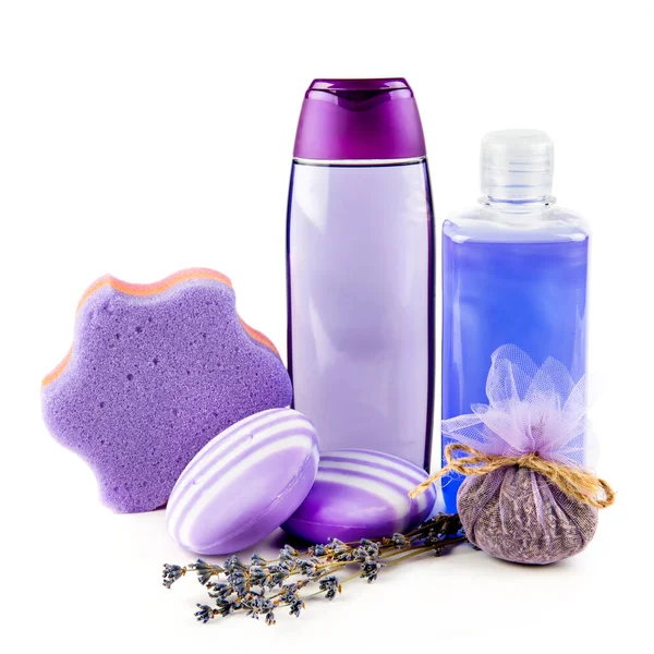 Soap Shampoo Lavender Flowers Other Hygiene Products Isolated White Background — Stock Photo, Image