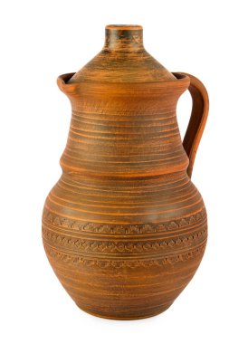 Beyaz arka planda Clay Jug izole edilmiş. Dikey fotoğraf.