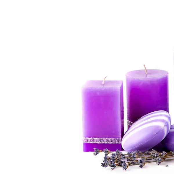 Lavendel Doftande Ljus Och Tvål Isolerad Vit Bakgrund Fritt Utrymme — Stockfoto