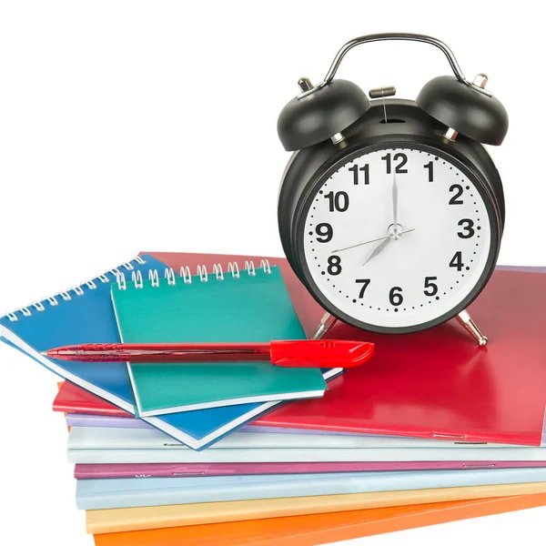 Stack Notebooks Books Ballpoint Pen Alarm Clock Isolated White Background — Stock Photo, Image