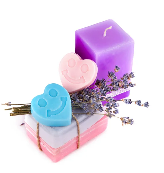 Lavendel Duftende Kerze Und Seife Isoliert Auf Weißem Hintergrund Freiraum — Stockfoto