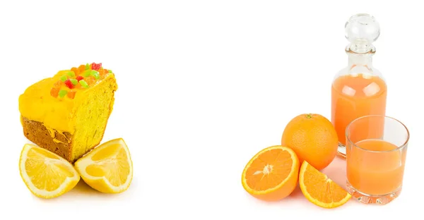 Comida Bebida Frutas Tropicales Pastel Limón Zumo Naranja Aislados Sobre — Foto de Stock