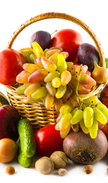 Fruits Vegetables Basket Isolated White Background Vertical Photo — Stock fotografie
