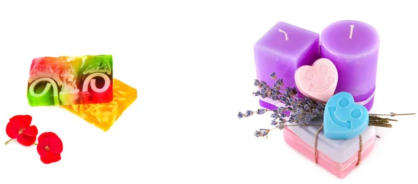 Lavendel Duftende Kerze Und Handgemachte Seife Isoliert Auf Weißem Hintergrund — Stockfoto