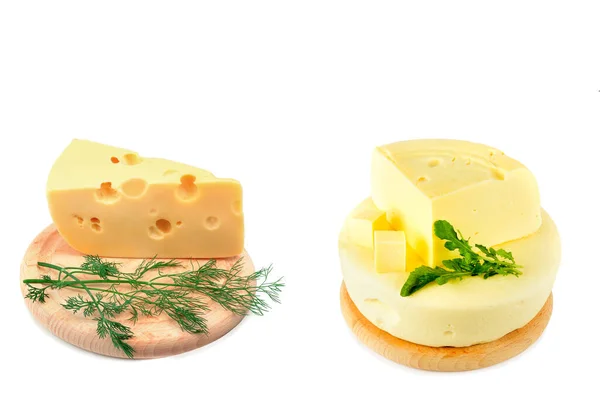 Peynir Tahtasında Beyaz Arka Planda Izole Edilmiş Peynir Kolaj Metin — Stok fotoğraf