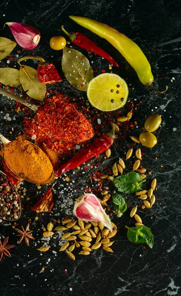 Many Different Spices Aromatic Herbs Dark Table View Vertical Photo — Stock Photo, Image