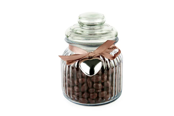 Chocolate Dragee Transparent Glass Jar Isolated White Background — Stock Photo, Image