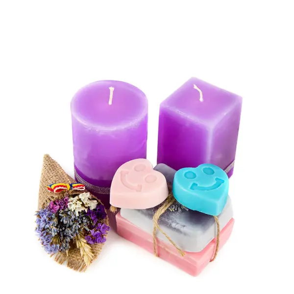 Lavender Flowers Lavender Soap Scented Candles Isolated White Background — Zdjęcie stockowe