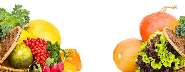 白い背景に隔離された果物や野菜のセット 広い写真 テキストのためのフリースペース コラージュ — ストック写真