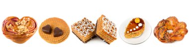 Beyaz arka planda izole edilmiş kek, waffle ve tatlı çörekler. Geniş resim. Metin için boş alan. Kolaj.