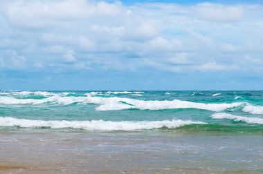 Tropik sahil, mavi deniz ve parlak gökyüzü..