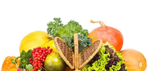 Fruits Vegetables Wicker Basket Isolated White Background Free Space Text — Stock Photo, Image
