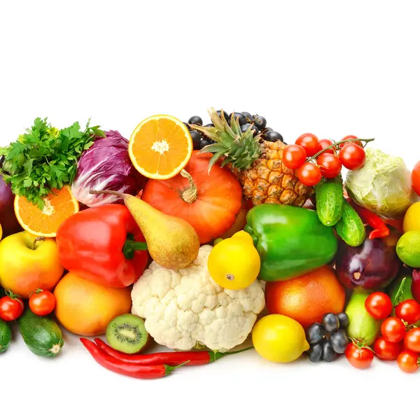 白色背景下隔离的一组蔬菜和水果 免版税图库图片
