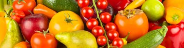 Sebze ve meyve seti. Güzel, parlak bir arka plan. Geniş resim.