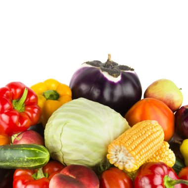Vegetables and fruits isolated on white background. Free space for text.