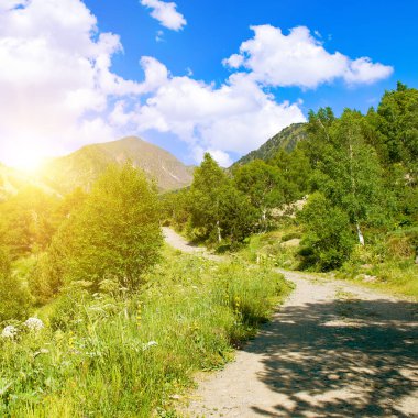 Resimli dağlar, çayır, parlak gündoğumu ve yürüyüş yolu. Yaz Andorra.