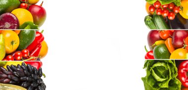 Sağlıklı sebzeler ve meyveli yiyecekler - kolaj. Metin için boş yer var. Geniş resim.