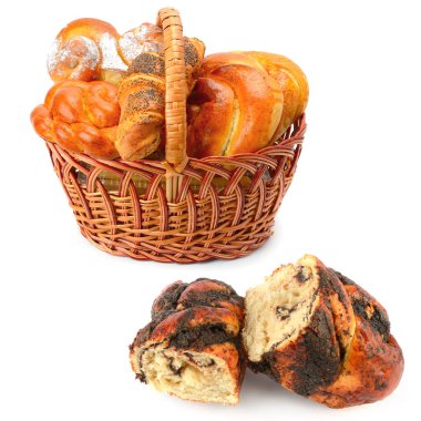 Buns and sweet pastries in a wicker basket isolated on white background. Collage. Free space for text.