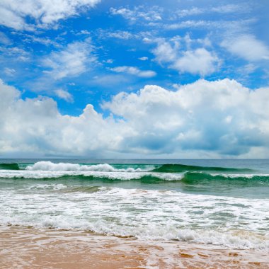 Güneşli bir günde güzel tropikal sahil ve denizin doğa manzarası.