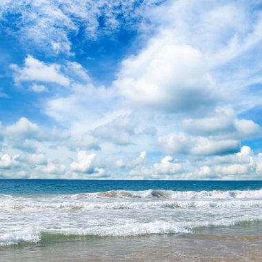 Güneşli bir günde güzel tropikal sahil ve denizin doğa manzarası.