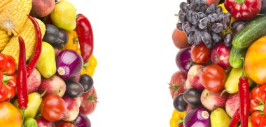 Sağlıklı sebzeler ve meyveli yiyecekler - kolaj. Metin için boş yer var. Geniş resim.