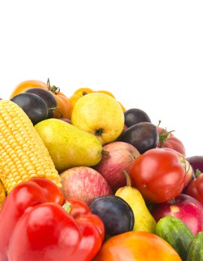 Beyaz arka planda izole bir meyve seti. Metin için boş alan. Dikey fotoğraf.