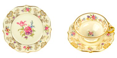 Geleneksel meissen buketli klasik porselen tabak ve beyaz arka planda izole edilmiş çay tabağı. Metin için boş alan. Kolaj. Geniş resim.