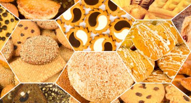 Ekmek ve Warious tatlı hamur işleri. Kolaj. Geniş resim.