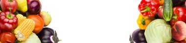 Sebzeler ve meyveler beyaz arka planda izole edilmiş. Metin için boş alan. Geniş resim. Kolaj.
