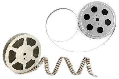 Beyaz arka planda izole edilmiş film şeritleri. Metin için boş alan. Kolaj.