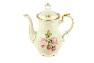 Beyaz arka planda izole edilmiş kaliteli porselen kahve demliği..