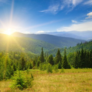 Sabah gökyüzü altında bulutlu görkemli dağlar. Carpathian, Ukrayna, Avrupa. Dağ yolculuğu, özgürlük ve aktif yaşam tarzı konsepti.
