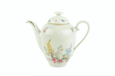 Beyaz arka planda izole edilmiş kaliteli porselen kahve demliği..