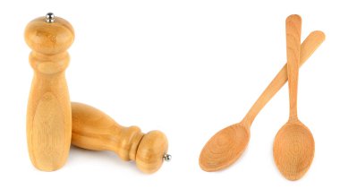 Biber öğütücü değirmenleri ve tahta kaşıklar beyaz arka planda izole edilmiş. Metin için boş alan. Geniş resim. Kolaj.