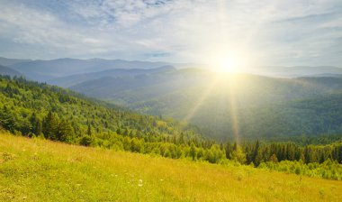 Karpat dağ vadisi ve parlak gün doğumu. Konsept - tatil ve seyahat. Geniş resim.