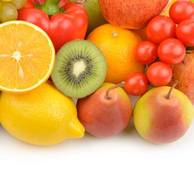 Beyaz arka planda izole bir meyve seti. Metin için boş alan.