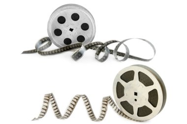 Beyaz arka planda izole edilmiş film şeritleri. Metin için boş alan. Kolaj.