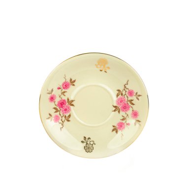 Beyaz arka planda izole edilmiş porselen vintage plaka. Metin için boş alan.