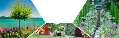 Mainau Adası, Almanya 'da güzel renkli çiçek yatakları. Kolaj. Mozaik model. Metin için boş alan. Geniş resim.