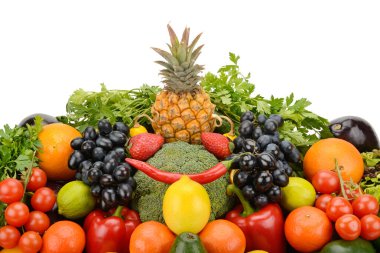 Beyaz arka planda izole edilmiş meyve ve sebzeler toplayın. Metin için boş alan.