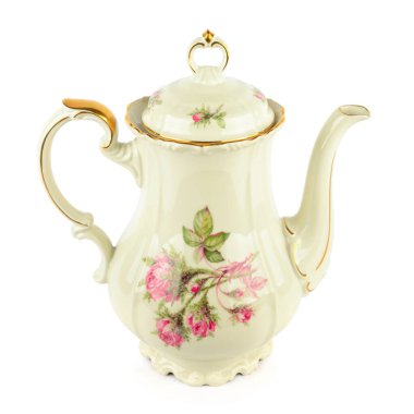 Beyaz arka planda izole edilmiş kaliteli porselen kahve demliği..