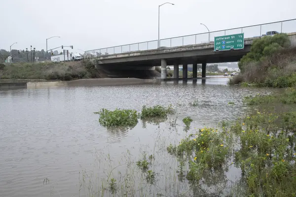カリフォルニア州オーシャンサイド 2024年1月22日 カミーノ リアル オーバーパス下の78フリーウェイは この地域の3インチ以上の雨を投げ捨てたエルニーノの冬の嵐によって激しく浸水した ストック画像
